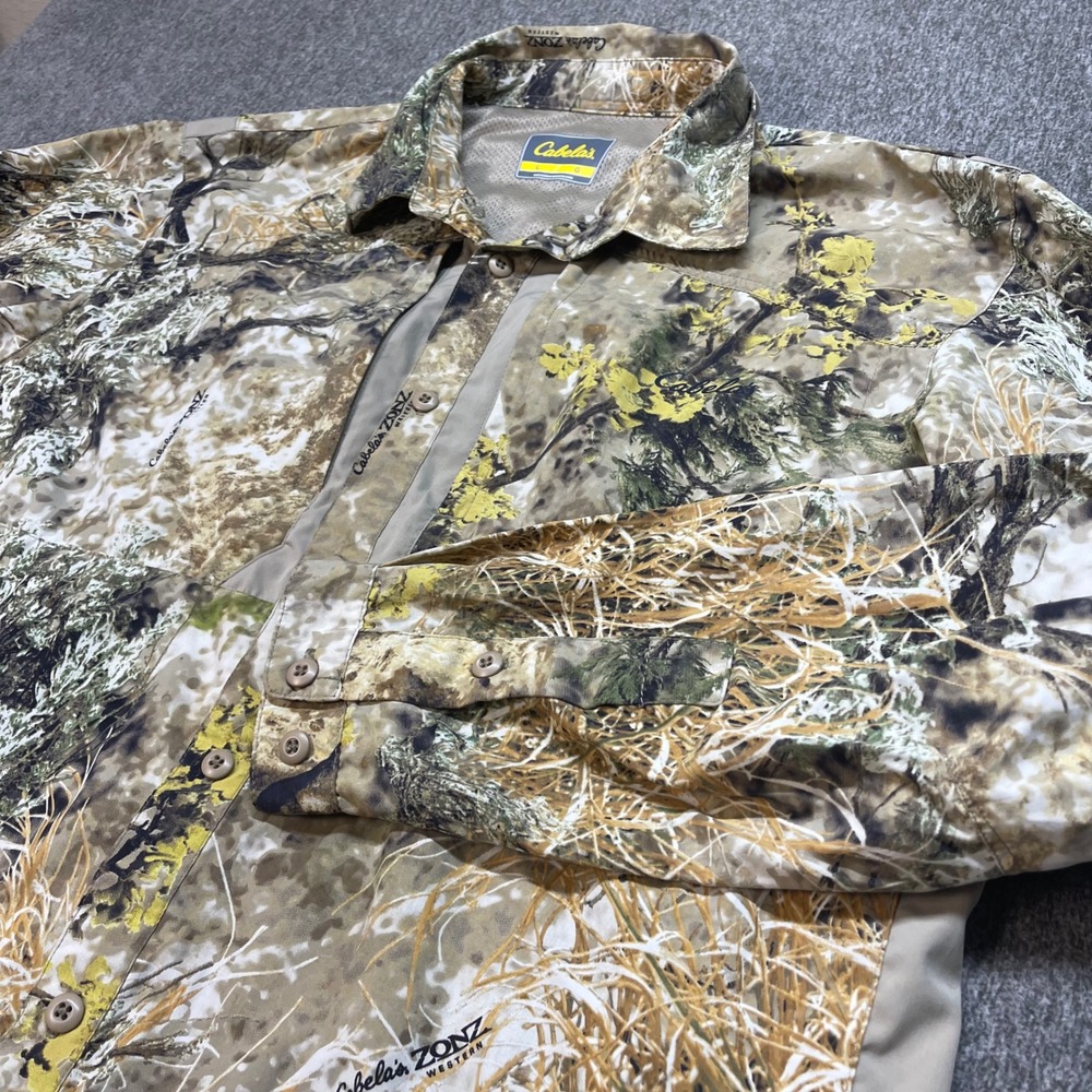 Cabelas Zonz Western Camo Hunting Shirt Mens Large Long Sleeve Vented Mesh